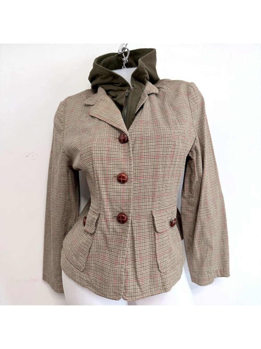 Sag Harbor Stretch Plaid Hooded Blazer Green Olive Blazer Womens Size 12P